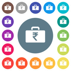 Indian Rupee bag flat white icons on round color backgrounds