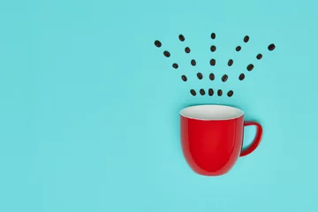 Schilderijen op glas Creative pop art cup of coffee pastel coloured background. Coffee mug and roasted coffee beans concept. © andreaobzerova