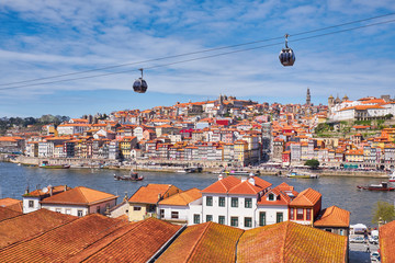 Porto city and Douro River, cable car, view from Vila Nova de Gaia - obrazy, fototapety, plakaty