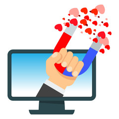 Attraction of hearts in computer. Flat vector cartoon illustration. Objects isolated on white background.