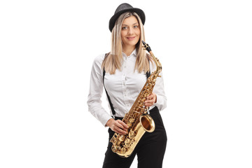 Female jazz musician holding a saxophone