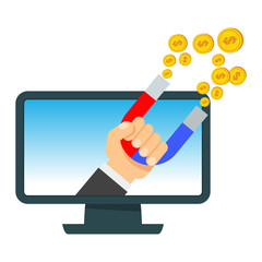 Attraction of money in computer. Flat vector cartoon illustration. Objects isolated on white background.