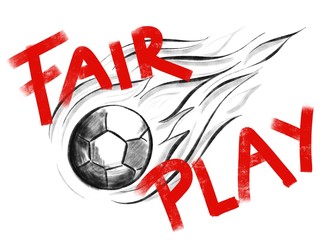 Text fair play with black and white football with flames in the background as message of the championship - obrazy, fototapety, plakaty