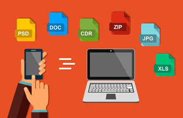 Transfer of data. File format. The hand with the phone. Send documents from your smartphone to the laptop. 