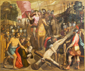 ZARAGOZA, SPAIN - MARCH 3, 2018: The crucifixion of St. Peter in the church Iglesia de San Pablo by Antonio Glaceran and Jeronimo de Mora (1596).