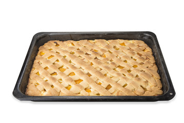 Traditional recipe cheese cake on baking tray out from the oven