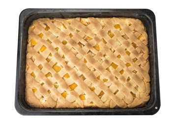 Traditional recipe cheese cake on baking tray out from the oven