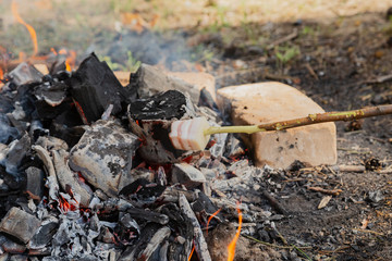 Fry bacon on a stake. Bacon fry on fire. Fat fry in the countryside. Camping in the forest.