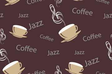 Vector seamless pattern in vintage or retro coffee style. Coffee cups with musical treble clef, words jazz and coffee on chocolate brown backgroun. Design for a gift wrapper, wallpaper