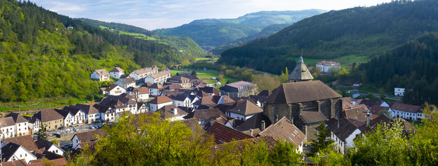Mountain green valley village landscape, Pyrenees, Otsagabia, Navarra, Spain