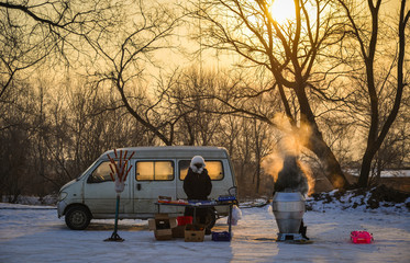 Street vendors at winter in Harbin, China