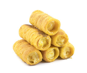 Sweet Dish Puff Roll with Cream Also Know As Homemade Cream Roll, Bakery Food  Isolated on White Background