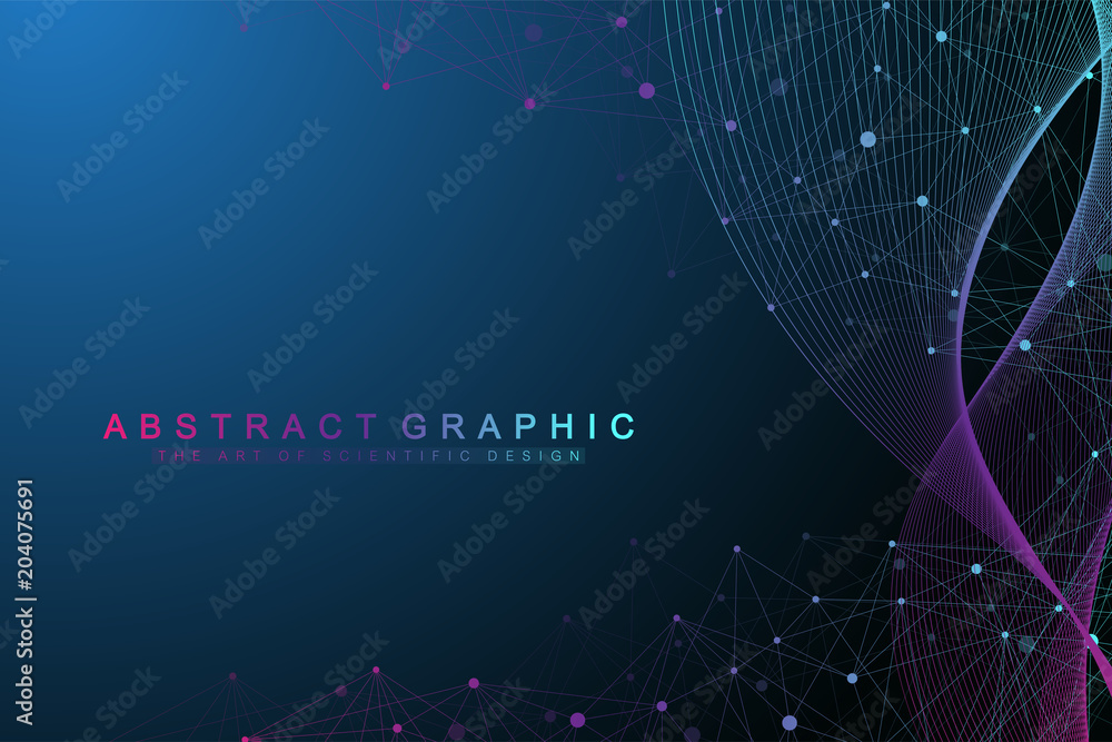 Poster Geometric graphic background molecule and communication. Big data complex with compounds. Perspective backdrop. Minimal array. Digital data visualization. Scientific cybernetic vector illustration.