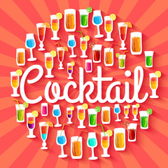 Colorful cocktail drink circle infographics template concept. Icons for your product or design, web and mobile applications. Vector flat with long shadow illustration on blue background