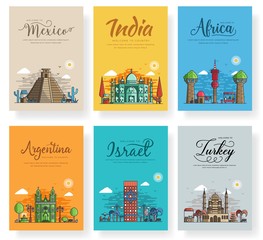 Set of outline different cities for travel destinations. Landmarks banner template of flyer, magazines, posters, book cover, banners. Layout world architectural flat outline modern pages