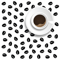 coffee cup with coffee beans in the background