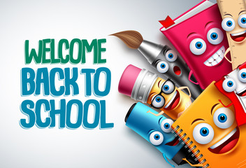 Back to school vector characters background template with funny education cartoon mascots like pencil and book and white space for text. Vector illustration.
