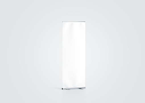 Blank white roll-up banner display mockup, side view, 3d rendering. Empty rollup baner design mock up on gray background. Clear roller sign board template stand