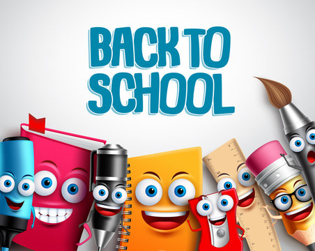 Back to school vector characters background template with colorful funny school cartoon mascots like pencil and book and white space for educational text. Vector illustration.
