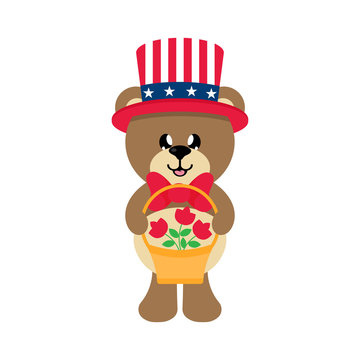 4 july cartoon cute bear in hat with basket and flowers