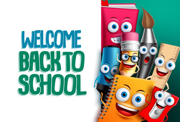 Back to school vector characters background template with empty white space for educational text and colorful funny cartoon mascots. Vector illustration.
