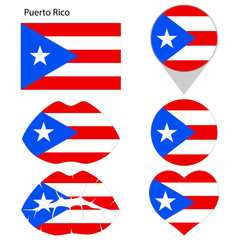 Flag of Puerto Rico, set. Correct proportions, lips, imprint of kiss, map pointer, heart, icon. Abstract concept. Vector illustration on white background.