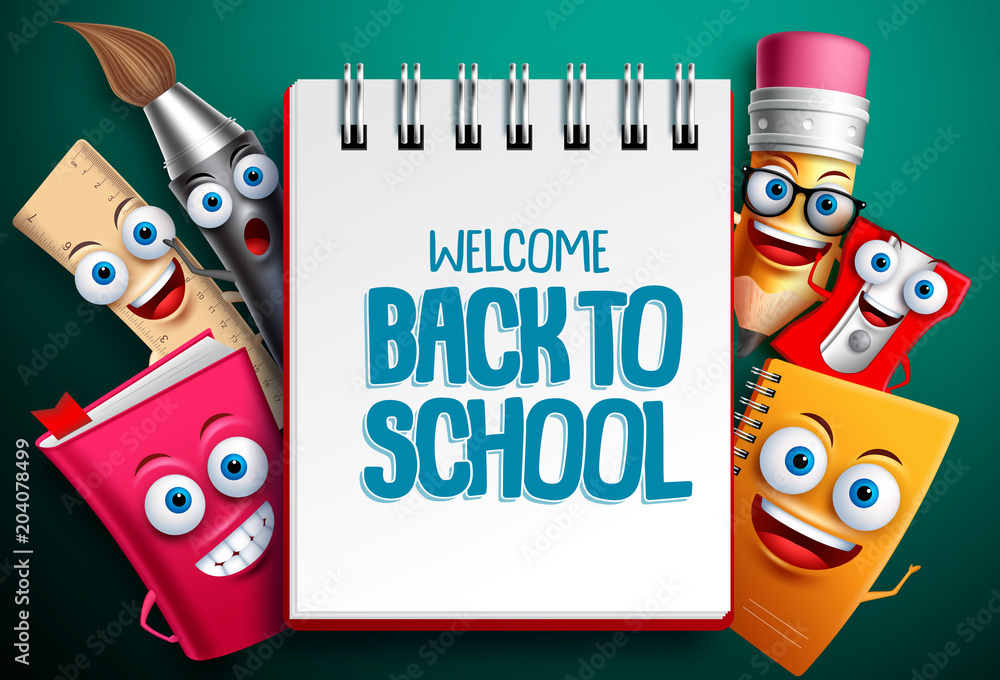 Poster back to school vector characters background template with white empty space for educational text and