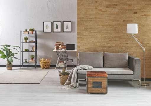 Decorative Living Room Grey Home And Yellow Brick Wall.