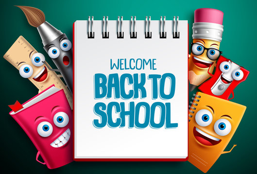 Back to school vector characters background template with white empty space for educational text and colorful funny school cartoon mascots. Vector illustration.
