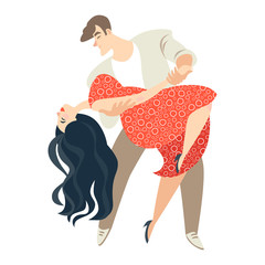 Obraz na płótnie Canvas Cute cartoon couple dancing salsa. Cuban dance. Isolated vector illustration on white background