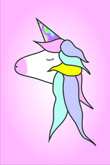 Ilustración de rostro de unicornio en fondo rosa degrade