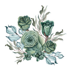 Watercolor succulent bouquet. Isolated on white background.