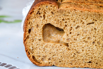 Rye bread with a large hole in the cut