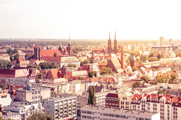 Fototapeta na wymiar Panorama of the city of Wroclaw on a Sunny bright day, toned