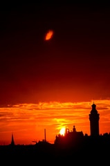 Sunset behind the city hall, highlighting the skyline of Leipzig, Germany