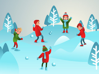 Winter illustration. Children play snowballs. Winter children's games. Boys and girls.