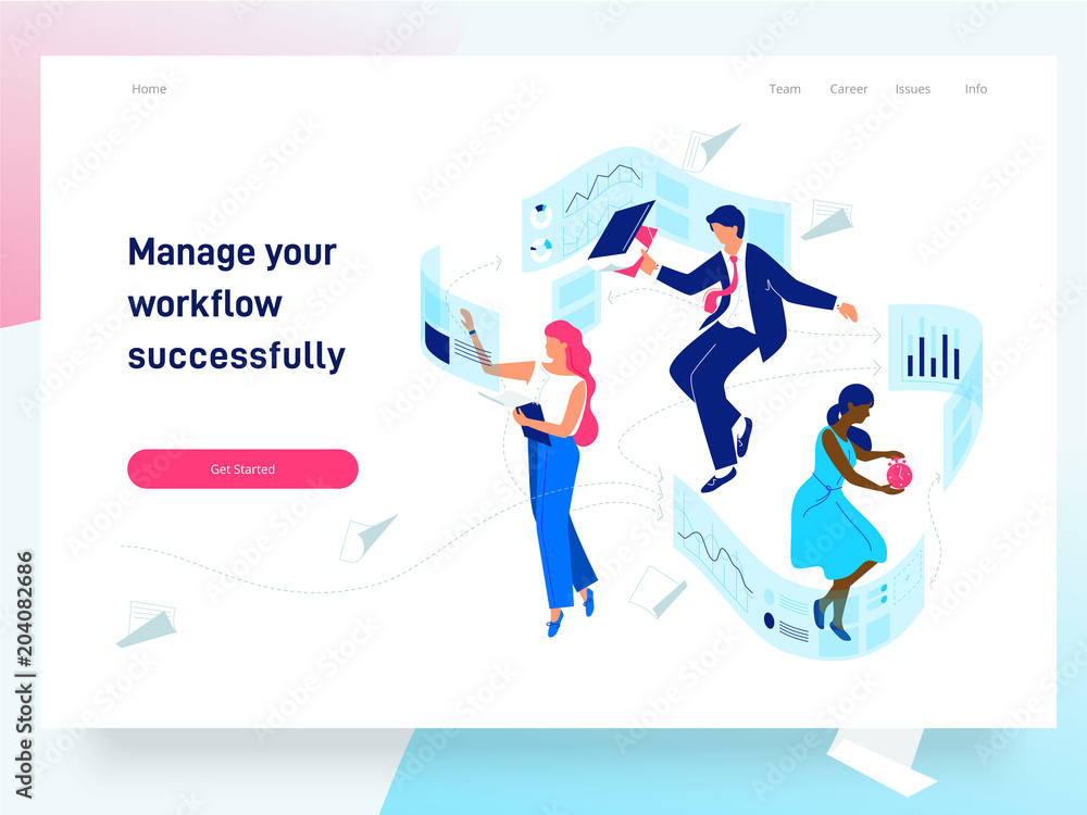 Poster people flying and interacting with graphs and papers. business and workflow management. landing page