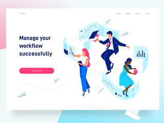 People flying and interacting with graphs and papers. Business and workflow management. Landing page template, vector isometric illustration.