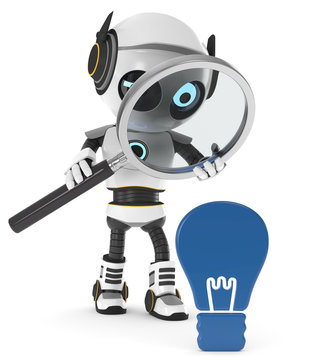 3d Roboter mit Lupe und Gl&uuml;hbirne