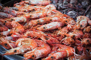 a lot of freshly prepared shrimps on a platter