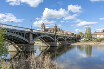 Fototapeta na wymiar Puente de hierro y Catedrales de Salamanca desde la orilla del rio Tormes 