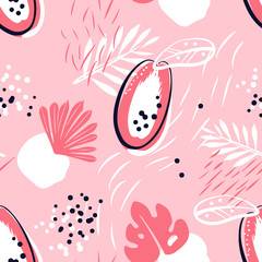 Abstract pattern with papaya and tropical plants on pink background. Ornament for textile and wrapping. Vector.