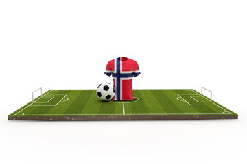 Norway soccer shirt national flag on a football pitch. 3D Rendering