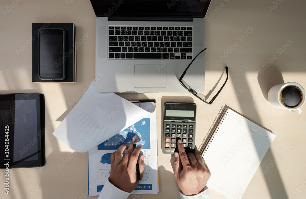 Poster close up businessman using calculator on documents unrecognizable finance use calculate about cost a