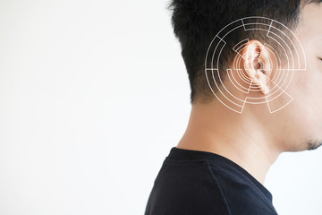 Young man hearing loss  sound waves simulation technology Hear