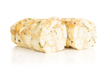 Two Calsbad bread dumpling halves isolated on white background fresh steamed.