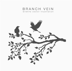 flock of flying birds on tree branch with leafs
