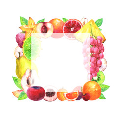 Hand painted square fruit frame. Watercolor pineapple, horned melon, grapes, velvet apple, ximenia, nectarine, quince, cherry, mandarin, blood orange, kiwi, carambola, pear, leafs on white background