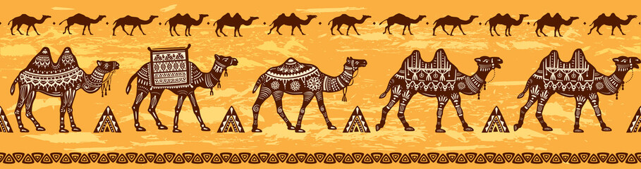 Border with Camel caravan and ethnic motifs