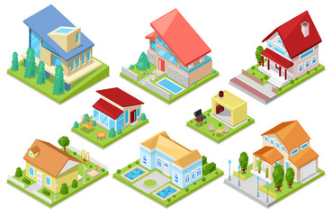 House vector isometric housing architecture or residential home illustration set of housekeeping building exterior or cottage construction isolated on white background - 204087453